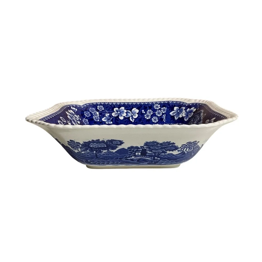 Vintage Spode‎ England Blue Tower Square Serving Bowl Cottagecore Luxury Classic
